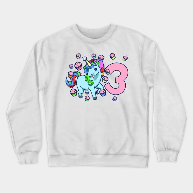 I am 3 with unicorn - girl birthday 3 years old Crewneck Sweatshirt by Modern Medieval Design